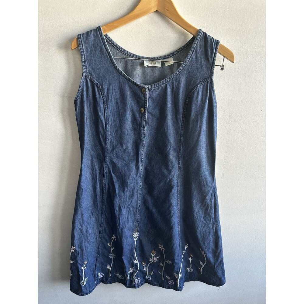 Vintage Y2K Denim Cotton Embroidered Jumper Dress M Blue Floral Boho Soft